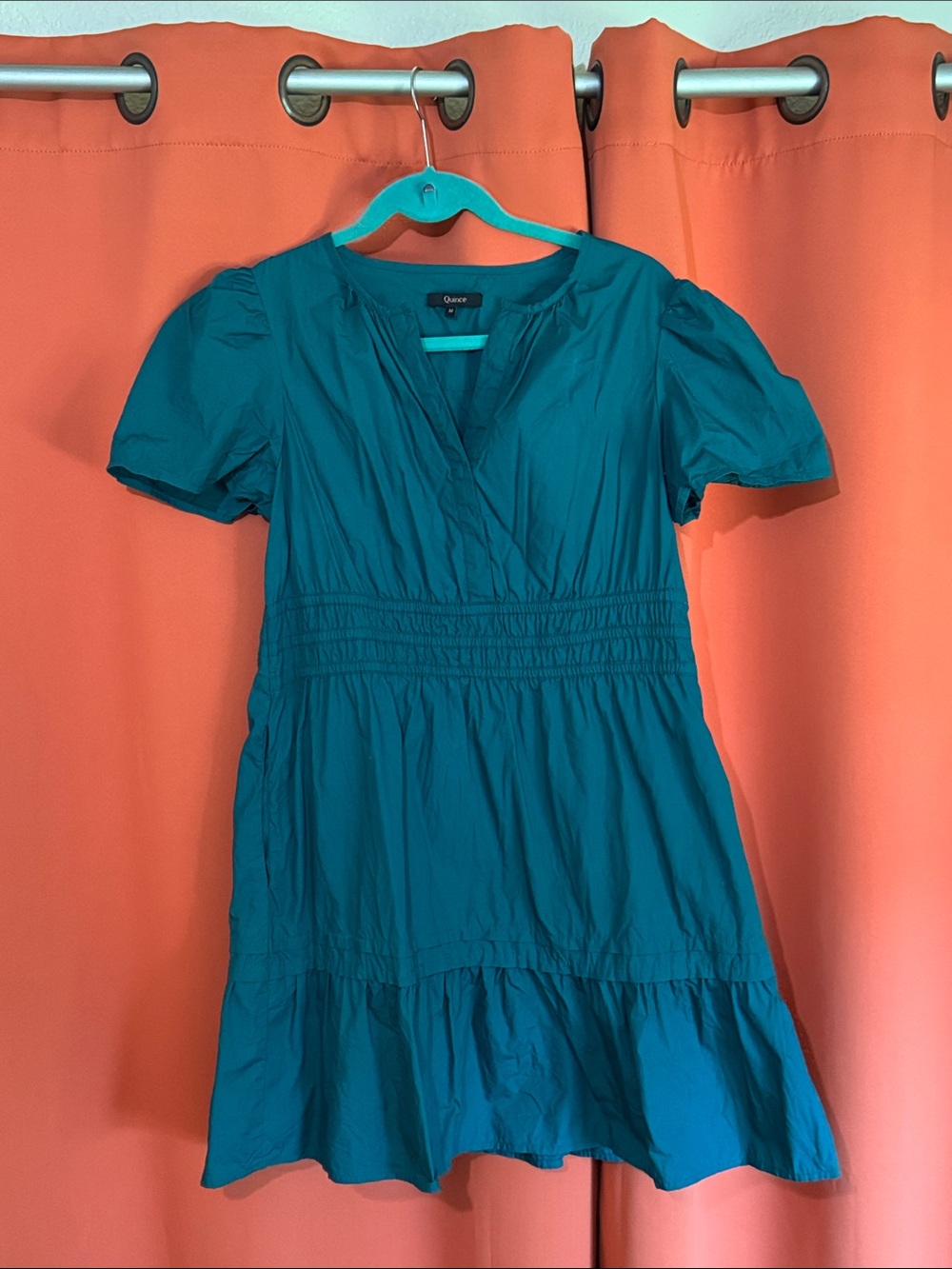 Quince Teal Short Puff Sleeve Tiered Mini Dress